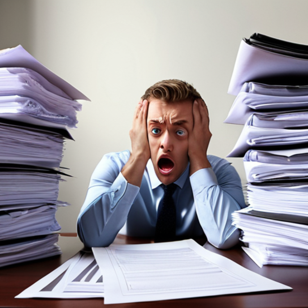 **

Prompt: "Insurance broker overwhelmed by regulatory paperwork, desk piled high, stressed expression. Modern office setting. Focus on the burden of compliance."

**