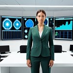 **Prompt:** A confident, modern Italian insurance broker (can be male or female) standing in a high-tech office, surrounded by holographic displays and abstract representations of data analysis, artificial intelligence (AI), and emerging insurance niches. Elements like digital shields and network lines symbolize cyber-risk, while subtle green leaves or solar panel motifs represent sustainable policies. The overall image should convey innovation, specialized expertise, and the future of digital insurance in Italy. Professional, sleek, and forward-looking aesthetic.