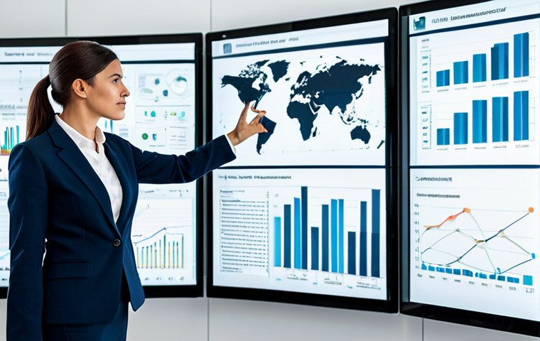 A professional Italian insurance broker, a man or woman, in a modest business suit, standing confidently in a modern, high-tech office. Large digital screens display complex data visualizations, including cyber security network diagrams and climate risk models. The broker gestures towards the screens, illustrating a strategic consultation, emphasizing innovation and a forward-looking approach. Fully clothed, appropriate attire, safe for work, perfect anatomy, natural proportions, professional dress, professional photography, high quality, well-formed hands, proper finger count, natural body proportions, appropriate content.