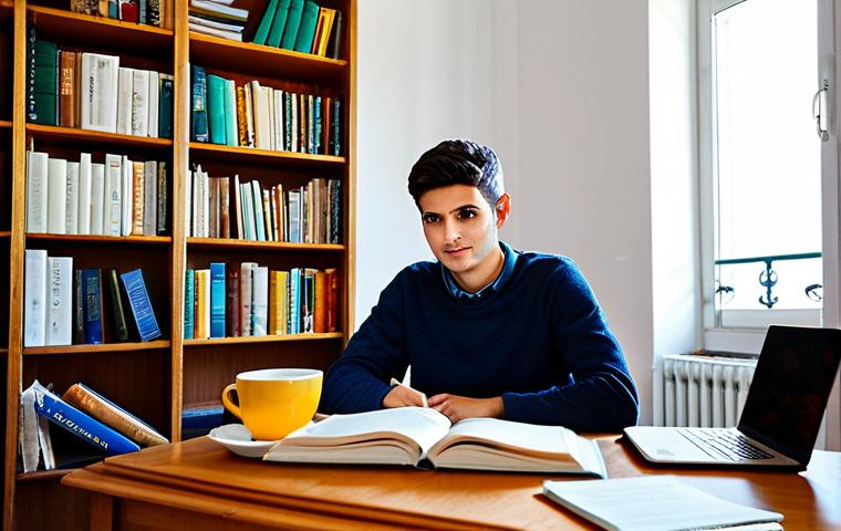 Study Session**

"A student, fully clothed in casual and modest clothing, studying insurance textbooks at a wooden desk in a brightly lit Italian apartment, appropriate attire, safe for work, perfect anatomy, natural proportions, professional photography, high quality, family-friendly. The desk includes Italian study materials, a laptop, and a cup of coffee. Books on the shelf behind the student suggest law and finance. The room has a warm, inviting atmosphere."

**