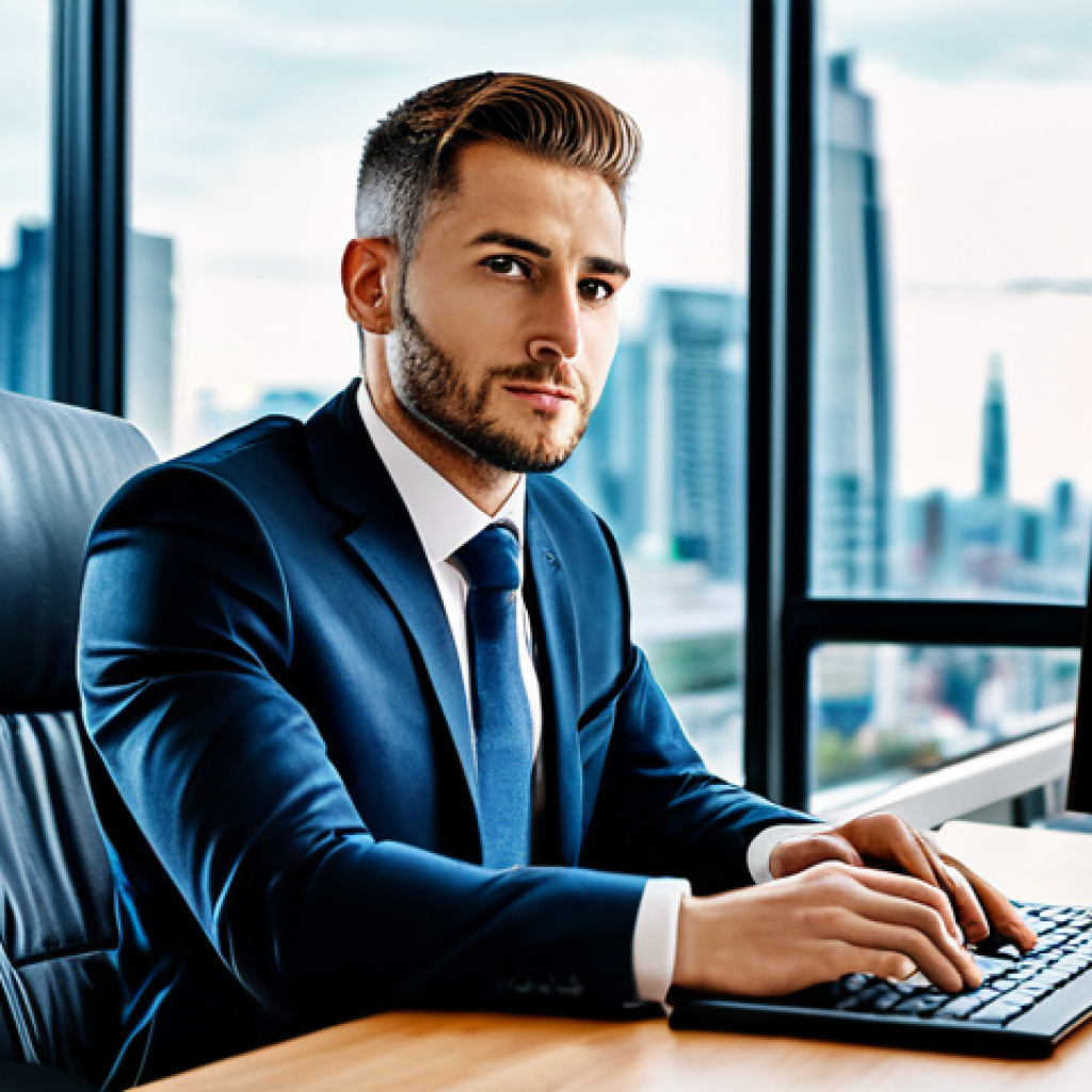 The Modern Insurance Broker**

A professional insurance broker in a modern, well-lit office, fully clothed in a stylish business suit, working at a computer. Background shows a cityscape. Emphasis on competence and trustworthiness. Safe for work, appropriate content, professional, perfect anatomy, natural proportions.

**