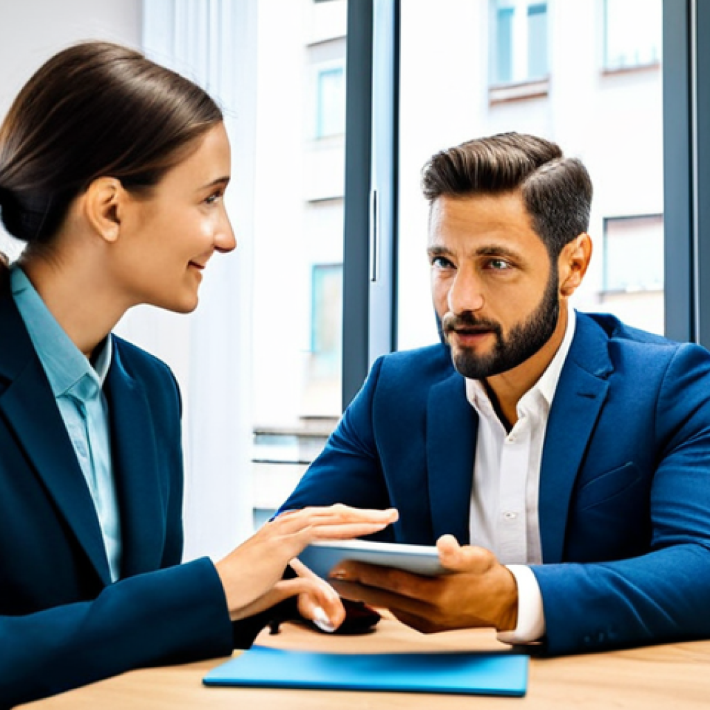 **A professional insurance broker in a modern, brightly lit office in Milan, Italy, advising a young couple on life insurance options. The broker is fully clothed in a smart business suit, gesturing towards a tablet displaying policy information. The couple are dressed in casual but stylish Italian attire. Focus on creating a scene of trust and financial security. Safe for work, appropriate content, fully clothed, professional, modest, family-friendly, perfect anatomy, correct proportions, natural pose, well-formed hands, proper finger count, natural body proportions, high quality.**