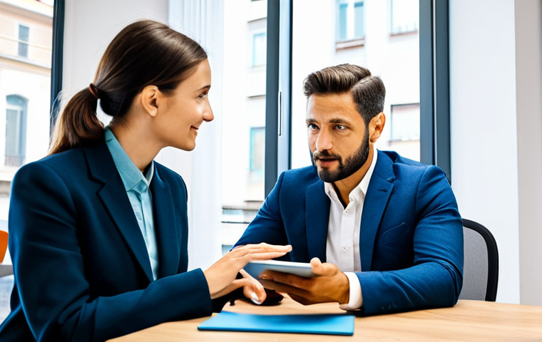**A professional insurance broker in a modern, brightly lit office in Milan, Italy, advising a young couple on life insurance options. The broker is fully clothed in a smart business suit, gesturing towards a tablet displaying policy information. The couple are dressed in casual but stylish Italian attire. Focus on creating a scene of trust and financial security. Safe for work, appropriate content, fully clothed, professional, modest, family-friendly, perfect anatomy, correct proportions, natural pose, well-formed hands, proper finger count, natural body proportions, high quality.**