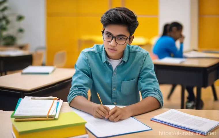 보험중개사 시험 고난도 문제 풀이 - **Prompt:** A young, focused student, dressed in casual yet neat everyday clothes, sits at a well-or...