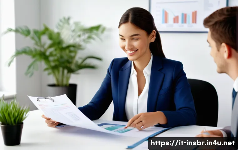 보험중개사 실무와 이론의 차이 - **Prompt:** "A brightly lit, modern insurance office. A friendly female insurance agent, wearing a s...
