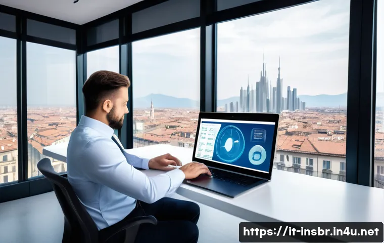 보험중개사와 관련된 최신 보험 상품 연구 및 성공 사례 분석 - A modern insurance broker office scene in Milan, Italy, showing a professional broker using advanced...