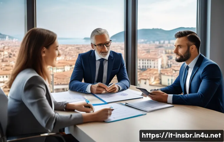 보험중개사 자격증으로 할 수 있는 부업 - A professional Italian insurance consultant in a modern office setting, attentively listening and ta...