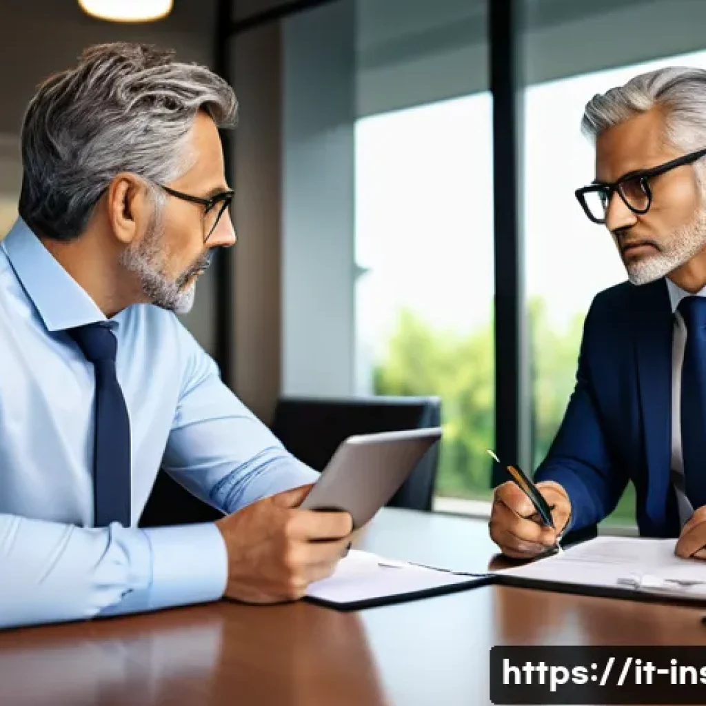 보험중개사로 성공한 사람들의 인터뷰 - A professional Italian insurance intermediary in a modern office setting, attentively listening to a...