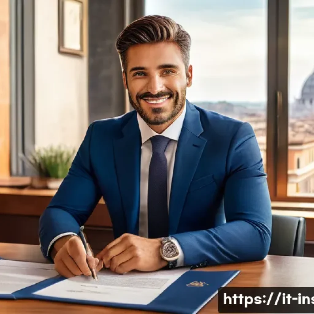 보험중개사 자격증 취득 후 자부심 느끼는 순간 - A confident Italian insurance broker in a modern office setting, dressed professionally in a tailore...