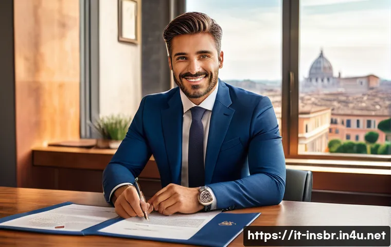 보험중개사 자격증 취득 후 자부심 느끼는 순간 - A confident Italian insurance broker in a modern office setting, dressed professionally in a tailore...