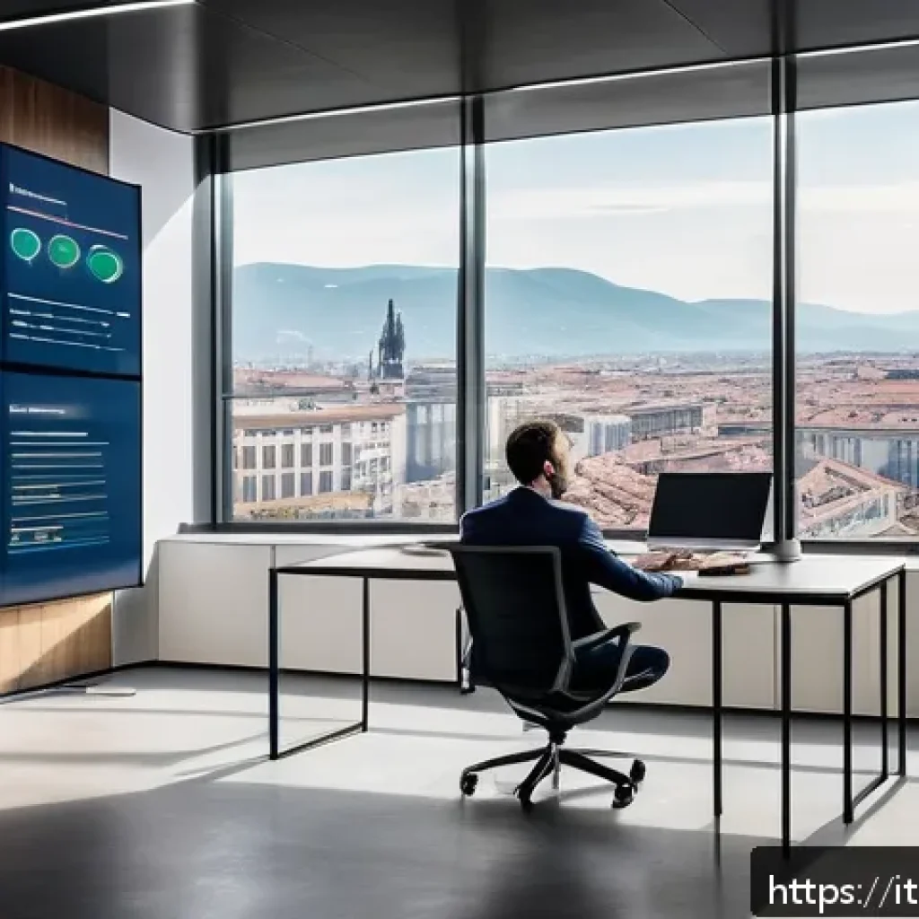 보험중개사와 AI 기술의 융합 사례 - A modern insurance office scene in Milan, featuring a professional insurance intermediary analyzing ...