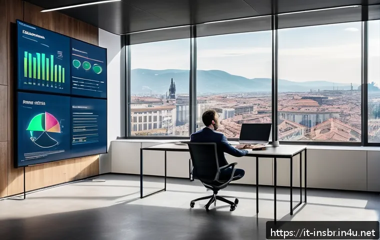 보험중개사와 AI 기술의 융합 사례 - A modern insurance office scene in Milan, featuring a professional insurance intermediary analyzing ...