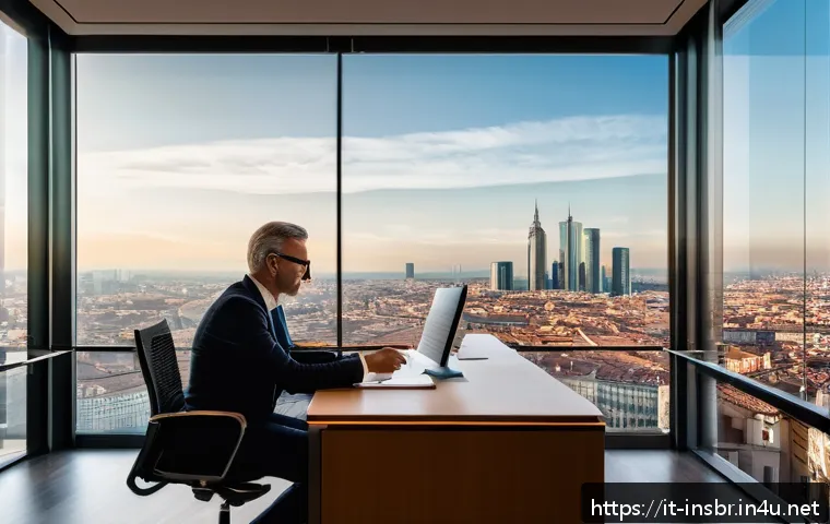 보험중개사와 관련된 최신 보험 정책 변화 - A modern insurance consultancy office in Milan, Italy, featuring a professional insurance advisor si...