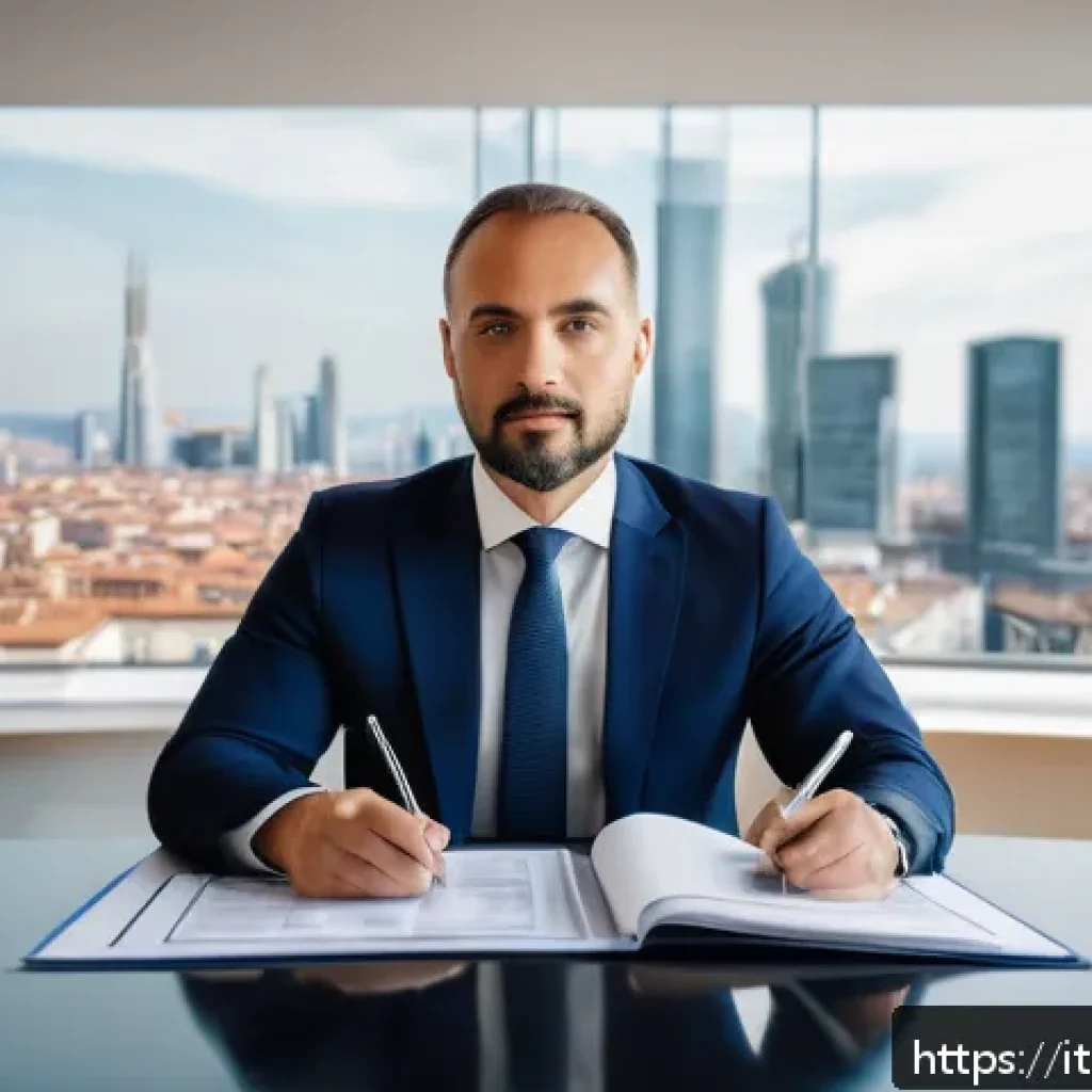 보험중개사 시험 중점과목 분석 - A professional insurance broker in a modern Italian office, wearing smart business attire with a nea...