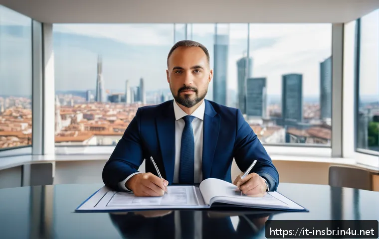 보험중개사 시험 중점과목 분석 - A professional insurance broker in a modern Italian office, wearing smart business attire with a nea...