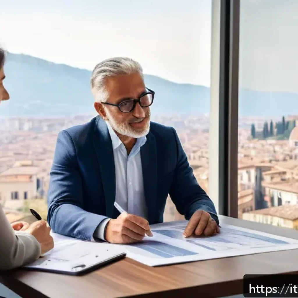 보험중개사 직업의 사회적 가치 - A professional insurance intermediary in a modern Italian office setting, engaging in a personalized...
