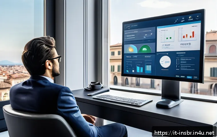 보험중개사 필수 공부 자료 아카이브 - A modern insurance broker office setting in Milan, Italy, showing a professional young man analyzing...