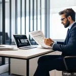 Home 22 보험중개사 시험 후 복습의 중요성 - A professional Italian insurance intermediary in a modern office setting, attentively studying updat...