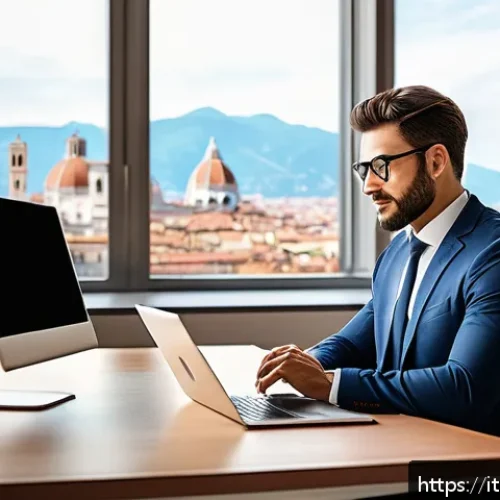 Home 33 보험중개사로 성공하기 위한 조건 - A modern Italian insurance broker office scene showcasing a professional in smart casual attire sitt...