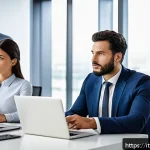 Home 20 보험중개사로 이직 후 첫 달 업무 경험 - A professional Italian insurance broker in a modern office setting, attentively listening to a diver...