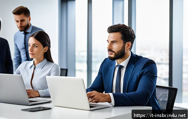 보험중개사로 이직 후 첫 달 업무 경험 - A professional Italian insurance broker in a modern office setting, attentively listening to a diver...