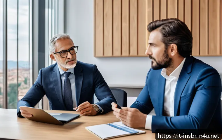 보험중개사와 관련된 고객 설득 성공 사례 - A professional insurance broker attentively listening to a middle-aged Italian client in a modern of...