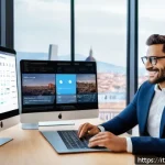 Home 23 보험중개사와 관련된 실무 강의 및 세미나 - A professional Italian insurance agent in a modern office environment, interacting with clients usin...