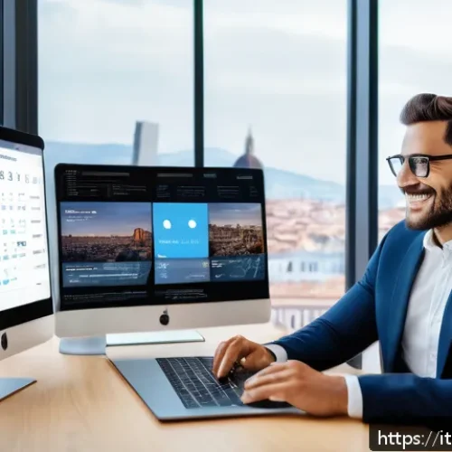 Home 17 보험중개사와 관련된 실무 강의 및 세미나 - A professional Italian insurance agent in a modern office environment, interacting with clients usin...
