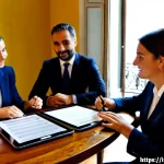 보험중개사와 관련된 성공적인 실무 사례 - Photorealistic Italian insurance brokerage success case, confident female insurance broker in a tail...