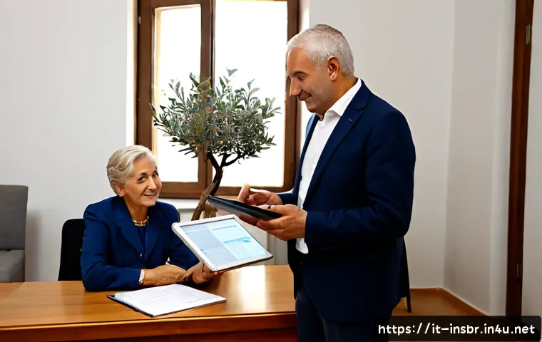 Home 17 보험중개사와 관련된 고객 관계 관리 사례 - Photorealistic Italian insurance broker warmly meeting an older couple in a bright, elegant office i...