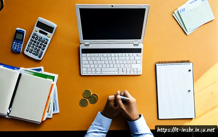 보험중개사 시험 응시료와 비용 관리법 - Photorealistic overhead view of an Italian insurance broker exam candidate organizing a simple cost-...