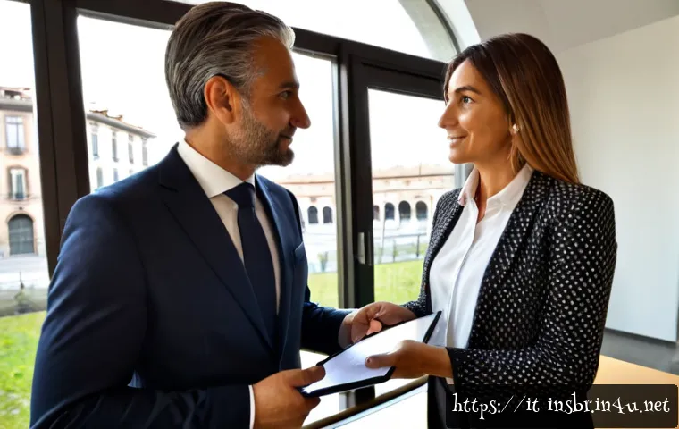 보험중개사와 관련된 성공적인 자격증 활용 방법 - Photorealistic Italian insurance broker in a smart business-casual suit meeting a middle-aged couple...